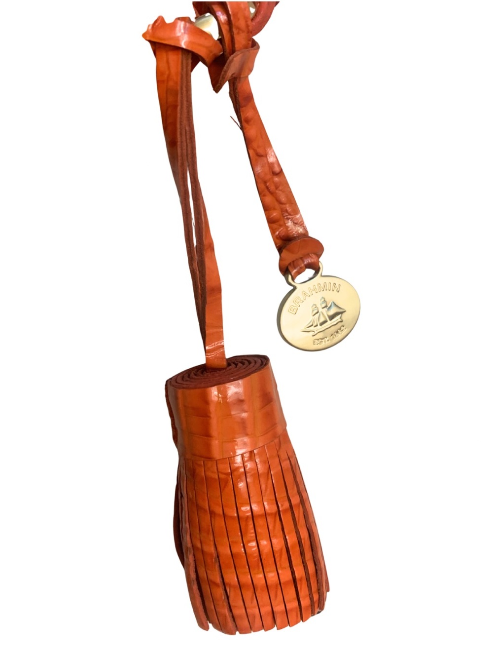 BRAHMIN Orange Leather Tan Raffia Crossbody Saddle Bag Coastal Nautical Preppy - Picture 3 of 10